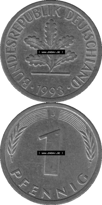 1 Pfennig Umlaufmünze in Graustufen PNG 1950-2001, 1 Pfennig 1993, 1990er Jahre J Sammlung