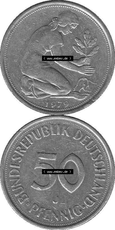 BRD Münzen 50 Pf. Umlaufmünze in graustufen PNG 1950-2001, 50 Pfennig 1979, 1970er Jahre Mzz. für Hamburg J-01 Graustufen.... Sammlung