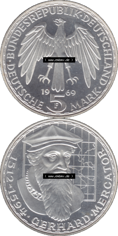 5 DM Gedenkmünzen Silber 1969-1969, 5 DM-Deutsche Mark 1969 F-01, Gerhard Mercator, Gerhard de Kremer 1512-1594 in PP Sammlung