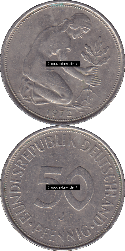 BRD Münzen 50 Pf. Umlaufmünze in PNG 1950-2001, 50 Pfennig 1972, 1970er Jahre Münzstätte Hamburg Mzz. J -01. PNG Computer-Grafik... Sammlung