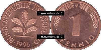 1 Pfennig Umlaufmünze in Farbigen PNG 1950-2001, 1 Pfennig 1996, 1990er Jahre Karlsruhe G Sammlung