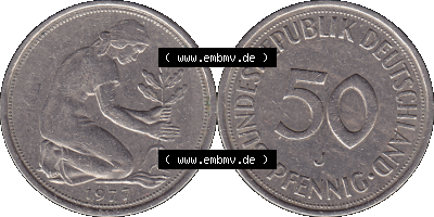 BRD Münzen 50 Pf. Umlaufmünze in PNG 1950-2001, 50 Pfennig 1977, 1970er Jahre J-01. PNG Computer-Grafik einer digitalisierten... Sammlung
