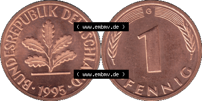 1 Pfennig Umlaufmünze in Farbigen PNG 1950-2001, 1 Pfennig 1995, 1990er Jahre Karlsruhe G Sammlung