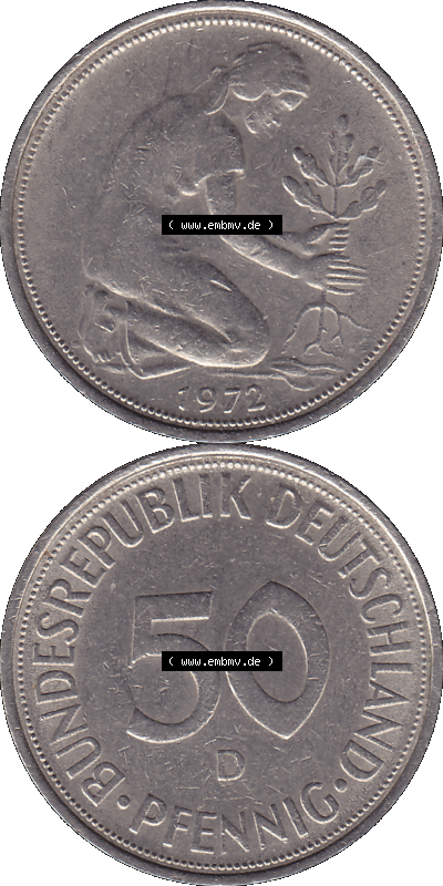 BRD Münzen 50 Pf. Umlaufmünze in PNG 1950-2001, 50 Pfennig 1972, 1970er Jahre Münzstätte München Mzz. D -01. PNG Computer-Grafik... Sammlung