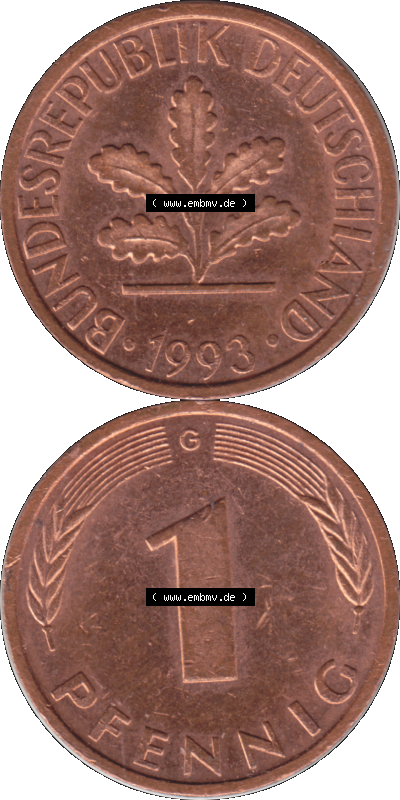 1 Pfennig Umlaufmünze in Farbigen PNG 1950-2001, 1 Pfennig 1993, 1990er Jahre Karlsruhe G Sammlung