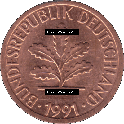 1 Pfennig Umlaufmünze in Farbigen PNG 1950-2001, 1 Pfennig 1991, 1990er Jahre Karlsruhe G Sammlung