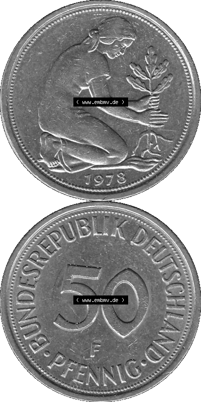 BRD Münzen 50 Pf. Umlaufmünze in graustufen PNG 1950-2001, 50 Pfennig 1978, 1970er Jahre Mzz. für Stuttgart F-01 Graustufen.... Sammlung