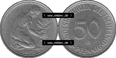BRD Münzen 50 Pf. Umlaufmünze in graustufen PNG 1950-2001, 50 Pfennig 1972, 1970er Jahre Münzstätte München mit Münzzeichen... Sammlung