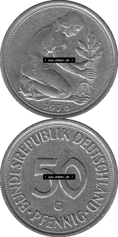 BRD Münzen 50 Pf. Umlaufmünze in graustufen PNG 1950-2001, 50 Pfennig 1976, 1970er Jahre G-01 Graustufen. PNG Computer-Grafik... Sammlung