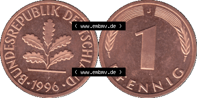 1 Pfennig Umlaufmünze in Farbigen PNG 1950-2001, 1 Pfennig 1996, 1990er Jahre J Sammlung