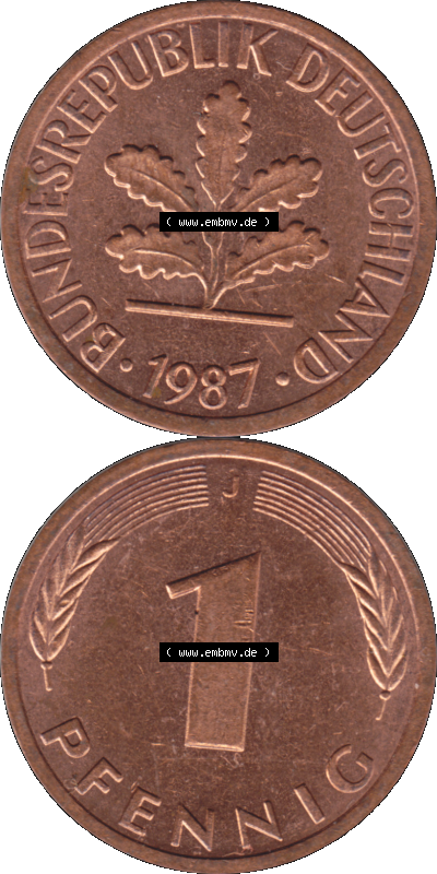 1 Pfennig Umlaufmünze in Farbigen PNG 1950-2001, 1 Pfennig 1987, 1980er Jahre J Sammlung