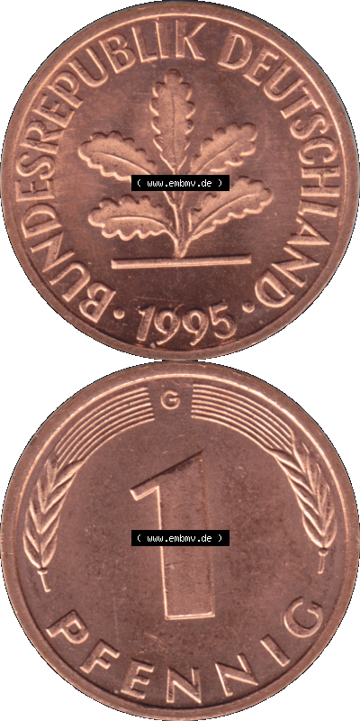 1 Pfennig Umlaufmünze in Farbigen PNG 1950-2001, 1 Pfennig 1995, 1990er Jahre Karlsruhe G Sammlung