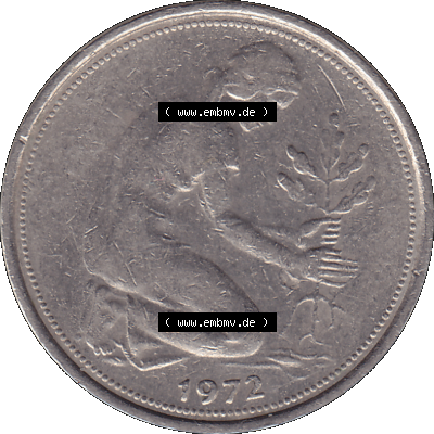 BRD Münzen 50 Pf. Umlaufmünze in PNG 1950-2001, 50 Pfennig 1972, 1970er Jahre Münzstätte Stuttgart Mzz. F -01. PNG Computer-Grafik... Sammlung