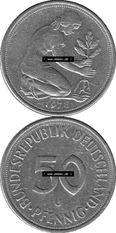 BRD Münzen 50 Pf. Umlaufmünze in graustufen PNG 1950-2001, 50 Pfennig 1978, 1970er Jahre Mzz. für Hamburg J-01 Graustufen.... Sammlung