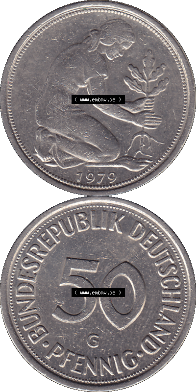 BRD Münzen 50 Pf. Umlaufmünze in PNG 1950-2001, 50 Pfennig 1979, 1970er Jahre Münzzeichen für Karlsruhe G-01. PNG Computer-Grafik... Sammlung