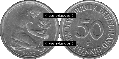 BRD Münzen 50 Pf. Umlaufmünze in graustufen PNG 1950-2001, 50 Pfennig 1979, 1970er Jahre Mzz. für Karlsruhe G-01 Graustufen.... Sammlung