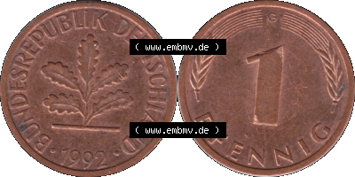 1 Pfennig Umlaufmünze in Farbigen PNG 1950-2001, 1 Pfennig 1992, 1990er Jahre Karlsruhe G Sammlung