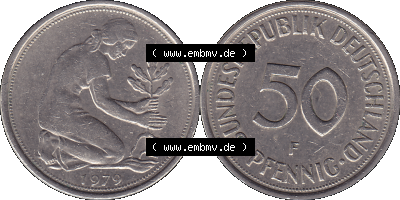 BRD Münzen 50 Pf. Umlaufmünze in PNG 1950-2001, 50 Pfennig 1979, 1970er Jahre Münzzeichen für Stuttgart F-01. PNG Computer-Grafik... Sammlung