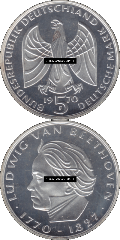 5 DM Gedenkmünzen Silber 1970-1970, 5 DM-Deutsche Mark 1970 F-01 Ludwig von Beethoven 1770-1827 in PP Sammlung