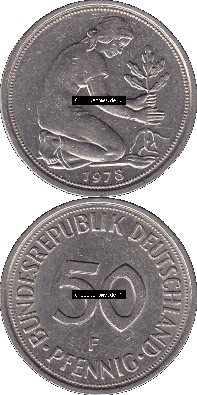 BRD Münzen 50 Pf. Umlaufmünze in PNG 1950-2001, 50 Pfennig 1978, 1970er Jahre Münzzeichen für Stuttgart F-01. PNG Computer-Grafik... Sammlung