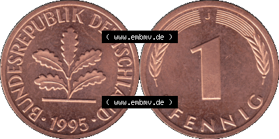1 Pfennig Umlaufmünze in Farbigen PNG 1950-2001, 1 Pfennig 1995, 1990er Jahre J Sammlung