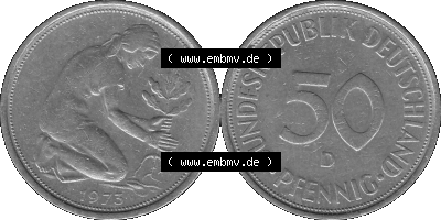 BRD Münzen 50 Pf. Umlaufmünze in graustufen PNG 1950-2001, 50 Pfennig 1973, 1970er Jahre Münzstätte München mit Münzzeichen... Sammlung