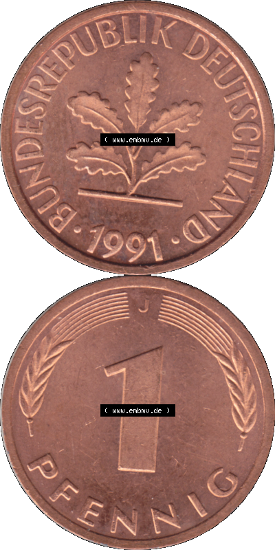 1 Pfennig Umlaufmünze in Farbigen PNG 1950-2001, 1 Pfennig 1991, 1990er Jahre J Sammlung