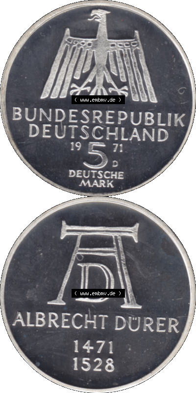 5 DM Gedenkmünzen Silber 1971-1971, 5 DM-Deutsche Mark 1971 D-01 Albrecht Dürer 1471-1528 in PP Sammlung