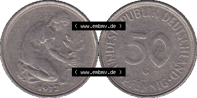BRD Münzen 50 Pf. Umlaufmünze in PNG 1950-2001, 50 Pfennig 1972, 1970er Jahre Münzstätte Karlsruhe Mzz. G -01. PNG Computer-Grafik... Sammlung