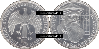 5 DM Gedenkmünzen Silber 1969-1969, 5 DM-Deutsche Mark 1969 F-01, Gerhard Mercator, Gerhard de Kremer 1512-1594 in PP Sammlung