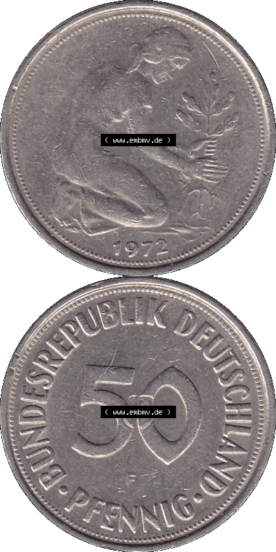 BRD Münzen 50 Pf. Umlaufmünze in PNG 1950-2001, 50 Pfennig 1972, 1970er Jahre Münzstätte Stuttgart Mzz. F -01. PNG Computer-Grafik... Sammlung