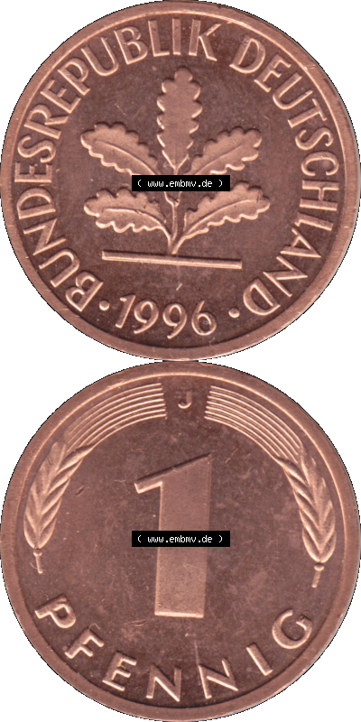 1 Pfennig Umlaufmünze in Farbigen PNG 1950-2001, 1 Pfennig 1996, 1990er Jahre J Sammlung