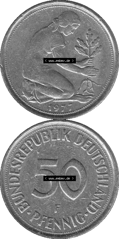 BRD Münzen 50 Pf. Umlaufmünze in graustufen PNG 1950-2001, 50 Pfennig 1977, 1970er Jahre F-01 Graustufen. PNG Computer-Grafik... Sammlung