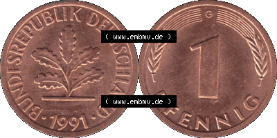 1 Pfennig Umlaufmünze in Farbigen PNG 1950-2001, 1 Pfennig 1991, 1990er Jahre Karlsruhe G Sammlung