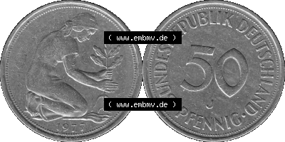 BRD Münzen 50 Pf. Umlaufmünze in graustufen PNG 1950-2001, 50 Pfennig 1977, 1970er Jahre J-01 Graustufen. PNG Computer-Grafik... Sammlung