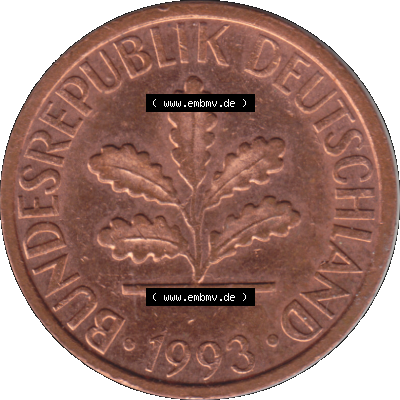 1 Pfennig Umlaufmünze in Farbigen PNG 1950-2001, 1 Pfennig 1993, 1990er Jahre Karlsruhe G Sammlung