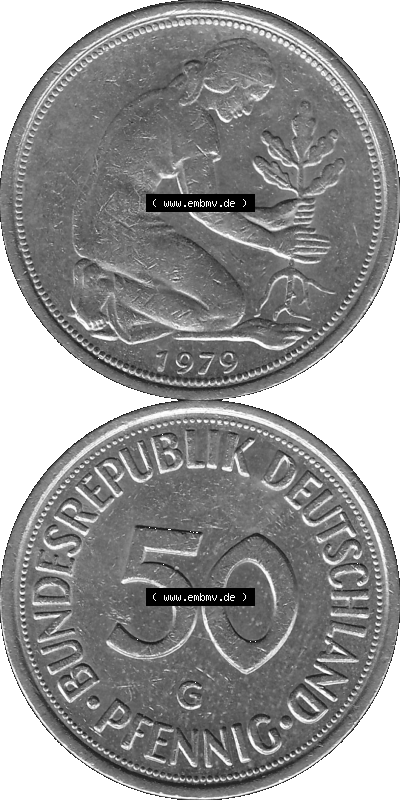 BRD Münzen 50 Pf. Umlaufmünze in graustufen PNG 1950-2001, 50 Pfennig 1979, 1970er Jahre Mzz. für Karlsruhe G-01 Graustufen.... Sammlung