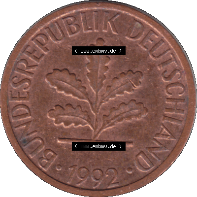 1 Pfennig Umlaufmünze in Farbigen PNG 1950-2001, 1 Pfennig 1992, 1990er Jahre Karlsruhe G Sammlung