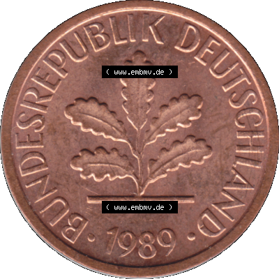 1 Pfennig Umlaufmünze in Farbigen PNG 1950-2001, 1 Pfennig 1989, 1980er Jahre J Sammlung