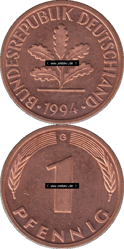 1 Pfennig Umlaufmünze in Farbigen PNG 1950-2001, 1 Pfennig 1994, 1990er Jahre Karlsruhe G Sammlung