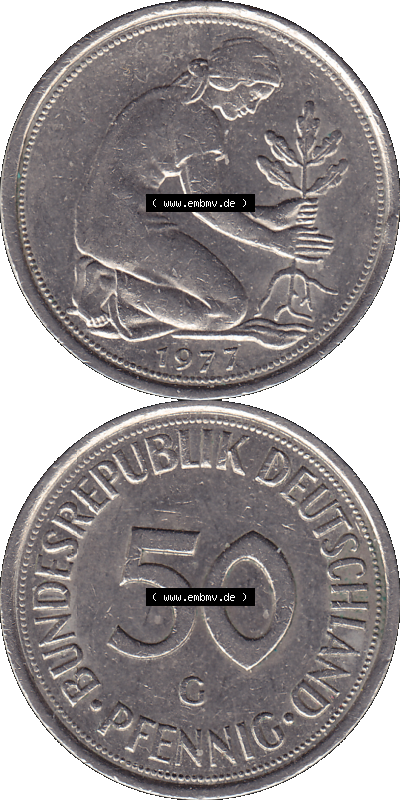 BRD Münzen 50 Pf. Umlaufmünze in PNG 1950-2001, 50 Pfennig 1977, 1970er Jahre G-01. PNG Computer-Grafik einer digitalisierten... Sammlung