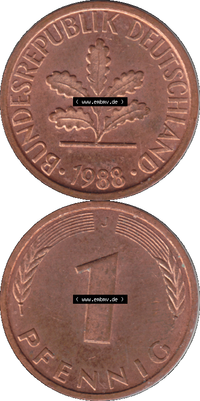 1 Pfennig Umlaufmünze in Farbigen PNG 1950-2001, 1 Pfennig 1988, 1980er Jahre J Sammlung