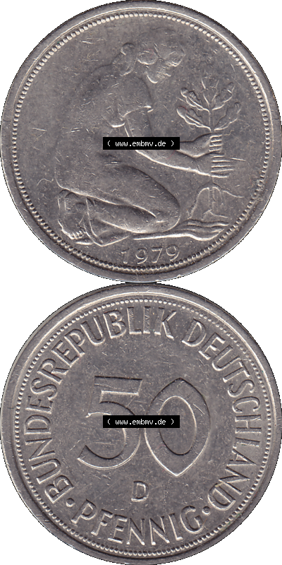 BRD Münzen 50 Pf. Umlaufmünze in PNG 1950-2001, 50 Pfennig 1979, 1970er Jahre Münzzeichen für München D-01. PNG Computer-Grafik... Sammlung