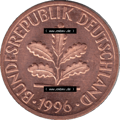 1 Pfennig Umlaufmünze in Farbigen PNG 1950-2001, 1 Pfennig 1996, 1990er Jahre Karlsruhe G Sammlung