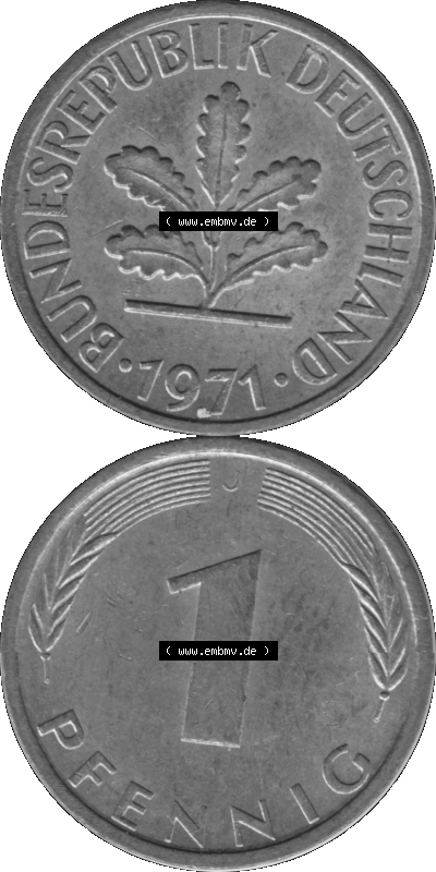 1 Pfennig Umlaufmünze in Graustufen PNG 1950-2001, 1 Pfennig 1971, 1970er Jahre J Sammlung