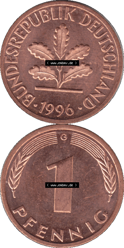 1 Pfennig Umlaufmünze in Farbigen PNG 1950-2001, 1 Pfennig 1996, 1990er Jahre Karlsruhe G Sammlung