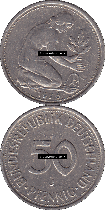 BRD Münzen 50 Pf. Umlaufmünze in PNG 1950-2001, 50 Pfennig 1976, 1970er Jahre J-01. PNG Computer-Grafik einer digitalisierten... Sammlung