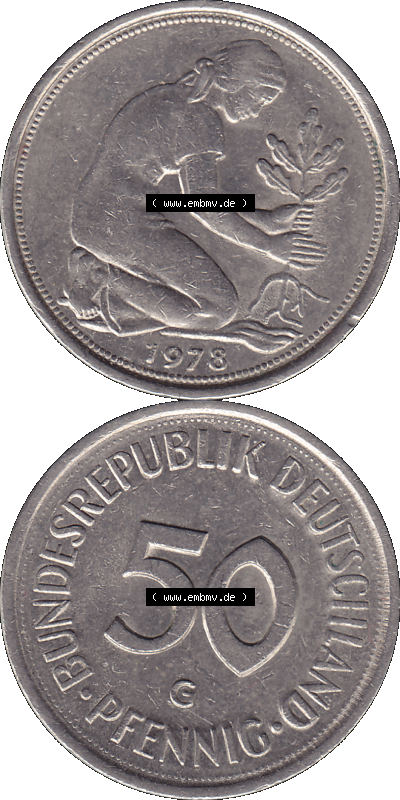 BRD Münzen 50 Pf. Umlaufmünze in PNG 1950-2001, 50 Pfennig 1978, 1970er Jahre Münzzeichen für Karlsruhe G-01. PNG Computer-Grafik... Sammlung