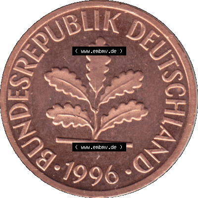1 Pfennig Umlaufmünze in Farbigen PNG 1950-2001, 1 Pfennig 1996, 1990er Jahre J Sammlung