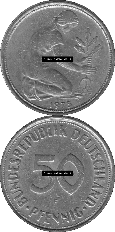 BRD Münzen 50 Pf. Umlaufmünze in graustufen PNG 1950-2001, 50 Pfennig 1973, 1970er Jahre Münzstätte Stuttgart mit Münzzeichen... Sammlung